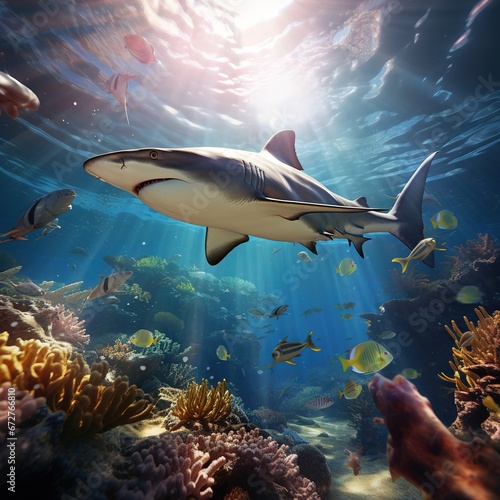 Blacktip reef shark attacking, swimming down the surface © Nipon