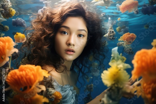 portrait of a beautiful asian girl underwater with fish and bubbles