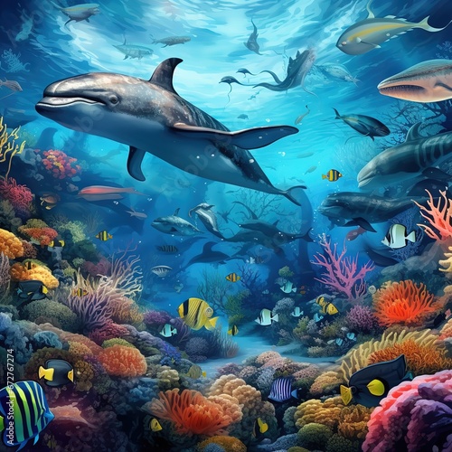 Sea life seamless background, underwater © Nipon