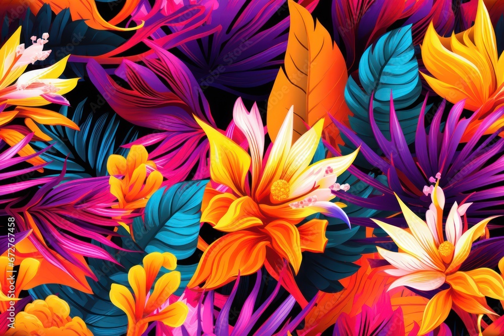 stylized multicolored background with lush tropical flowers, seamless stylized multicolored background with lush tropical flowers, seamless