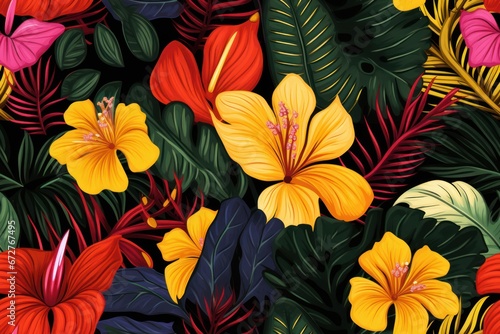 stylized multicolored background with lush tropical flowers, seamless