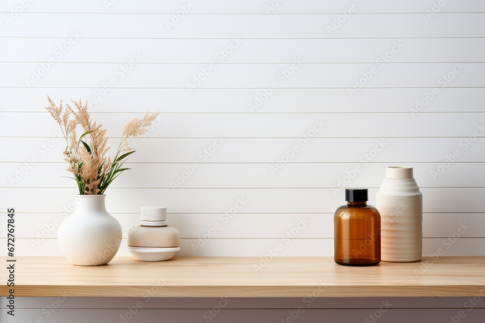 Luxury organic cosmetics display on wooden counter table with sunlight and leaf shadow