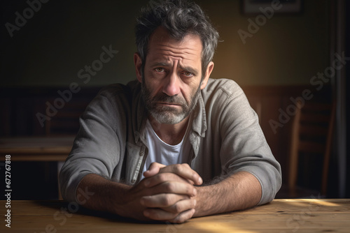 A desperate and saddened man sitting and looking straight at the camera.generative ai
