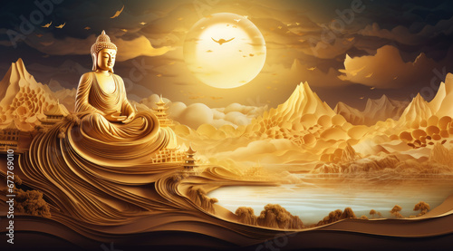 golden buddha meditating under the moon