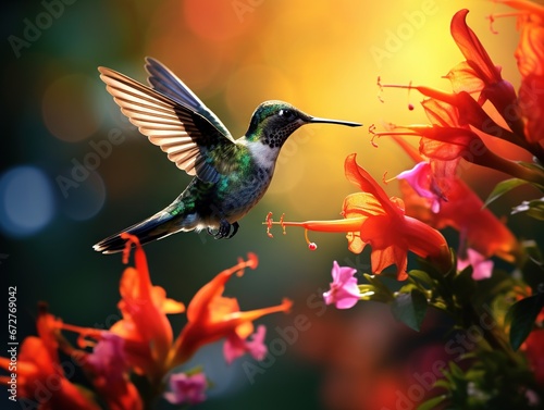 Colorful photo of a glittering hummingbird with gold throat hovering underneath a Monkeybrush flower photo