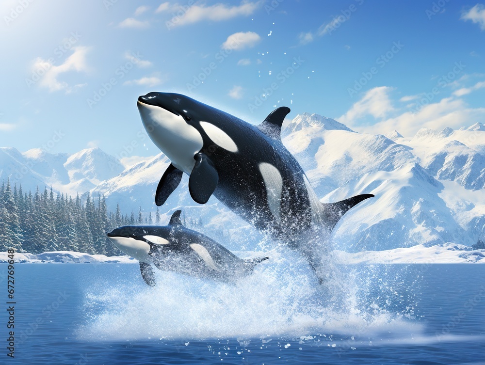 Obraz premium KILLER WHALE orcinus orca, PAIR LEAPING, CANADA