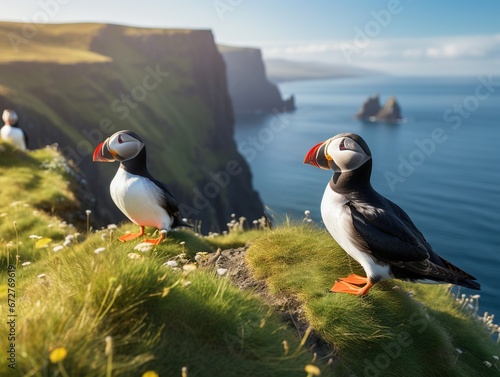 Puffins in Iceland. Seabirds on sheer cliffs. Birds on the Westfjord in Iceland. Composition with wild animals