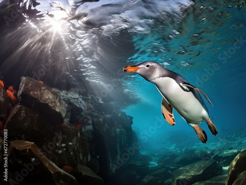 Penguin underwater in sea cave scenery