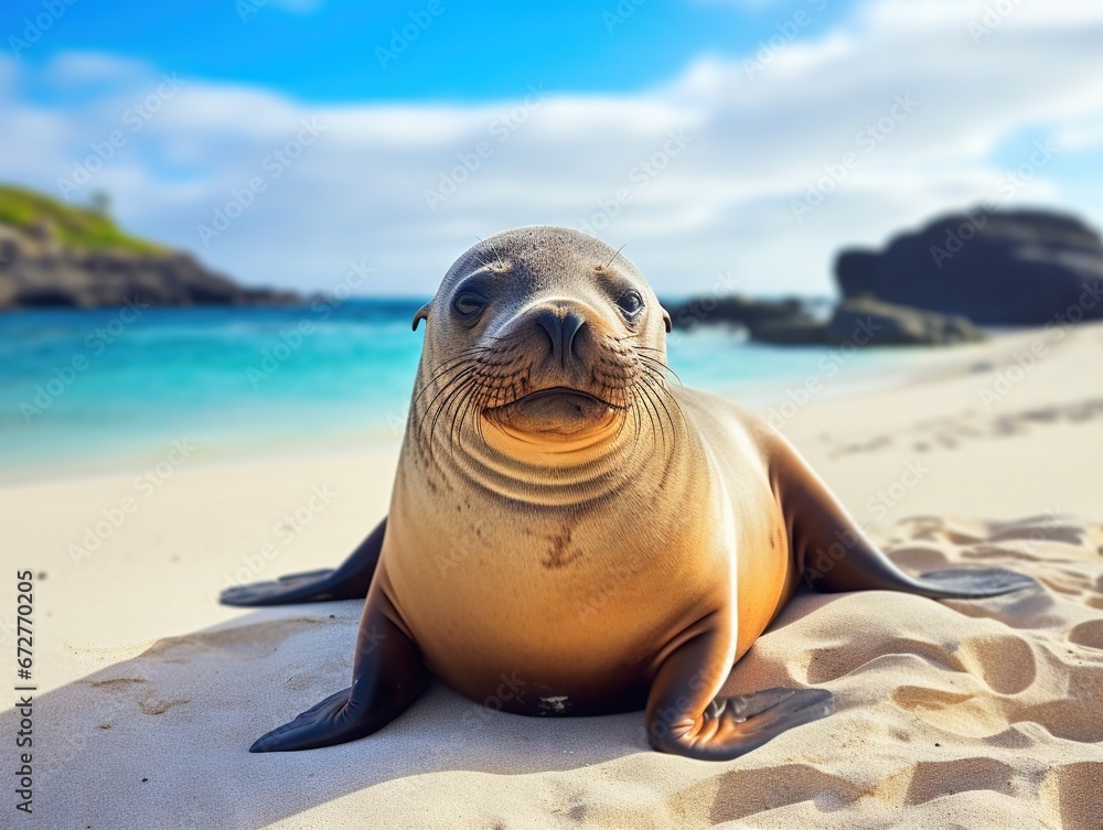 Fototapeta premium Sea Lion in sand lying on beach Galapagos Islands - Cute adorable Animals