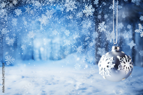 Festive white and blue New Year background with snowflakes and Christmas tree ball with space for text
