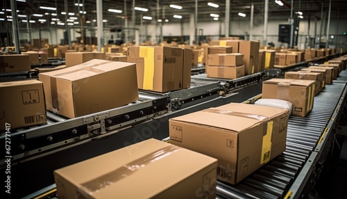 Dynamic conveyor belt system transporting diverse packages in a bustling warehouse center