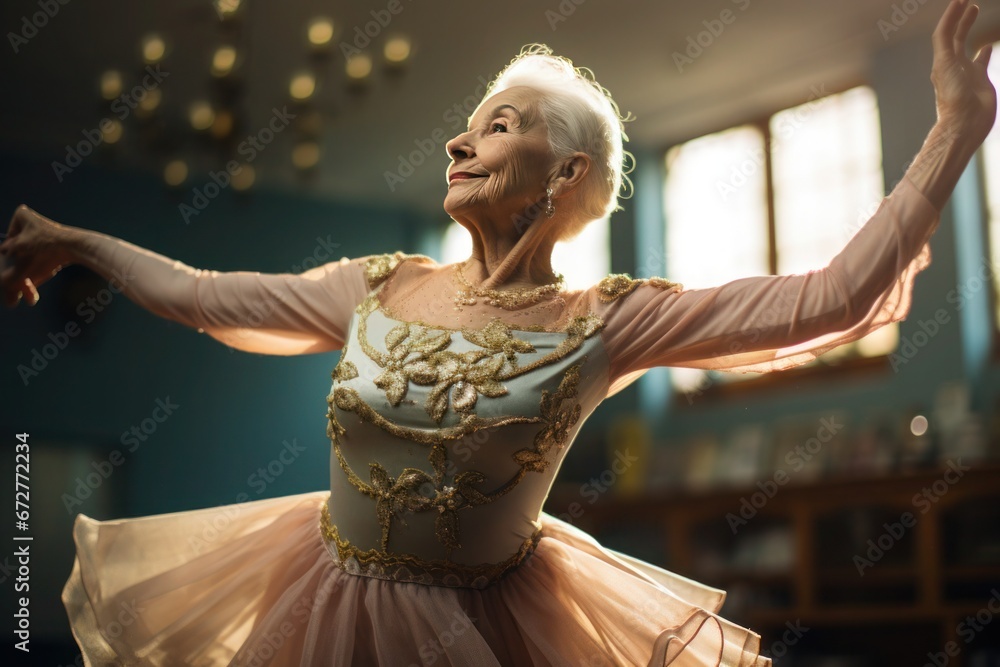 Fototapeta premium A stylish elderly woman with silver hair in a ballet outfit and a bundle of tulle dances an expressive ballet dance in a room with a window