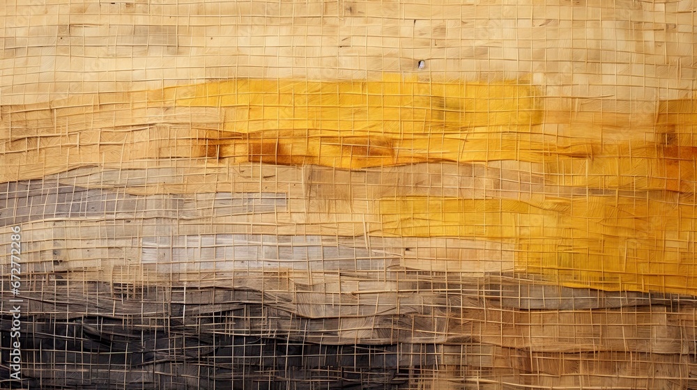 Distressed texture of a wicker, flat wicker basket weave texture, yellow colors of rattan and bark, raffia, bamboo, straw cloth-like texture background for craft, hobby. Vintage, decayed backdrop. - obrazy, fototapety, plakaty 
