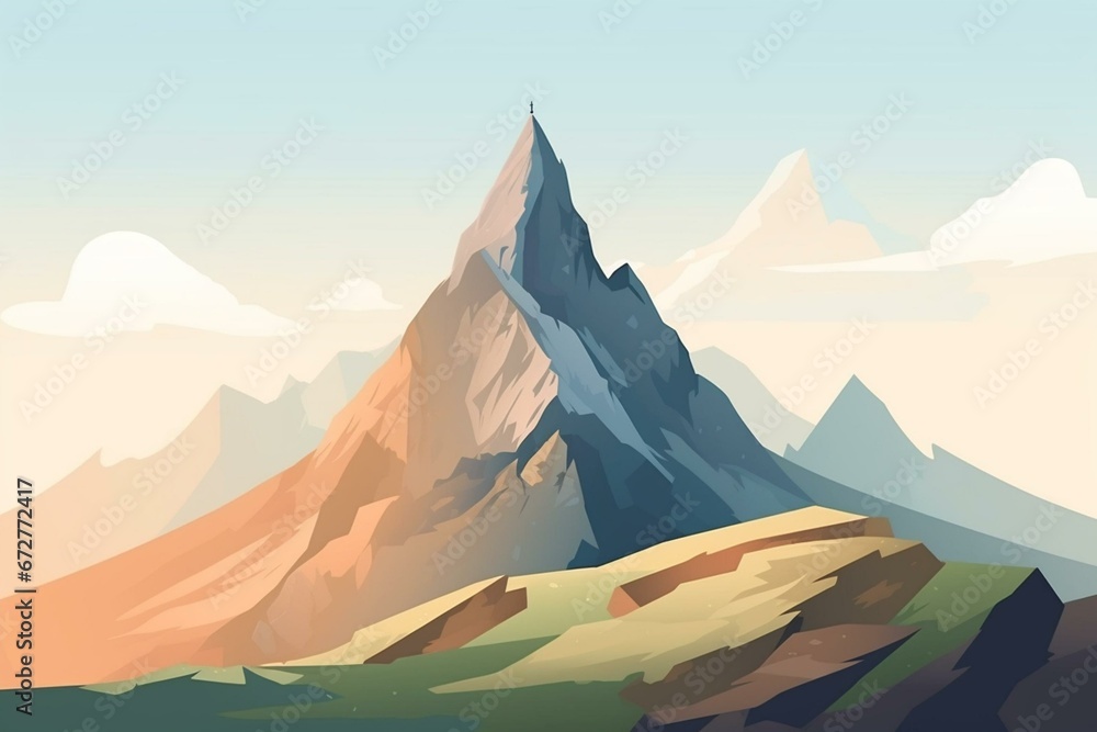 Illustration of a majestic mountain and an enormous hill against a clear sky. Generative AI - obrazy, fototapety, plakaty 