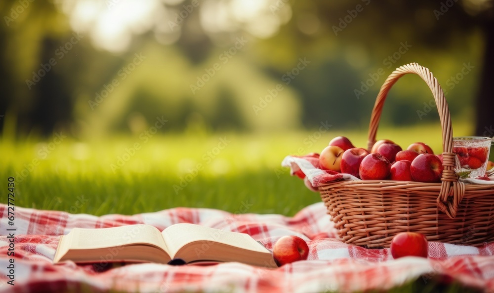 book and some red apples on cozy picnic blanket book and some red apples on cozy picnic blanket