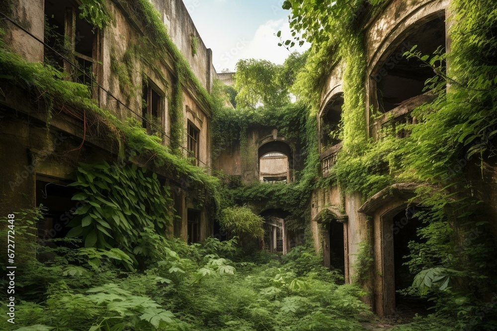 Overgrown structures of deserted city adorned with lush vegetation. Generative AI
