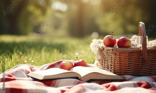 book and some red apples on cozy picnic blanket photo