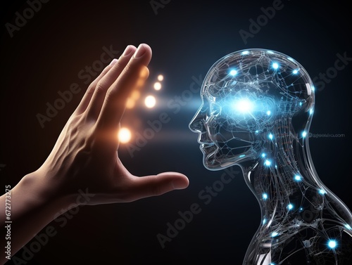 Cyborg hand holding a artificial intelligence concpt with a brain and app 3d rendering photo