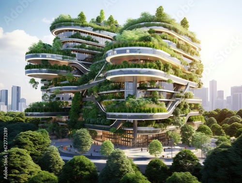 Eco-friendly building with vertical garden in modern city. Green tree forest on sustainable glass building