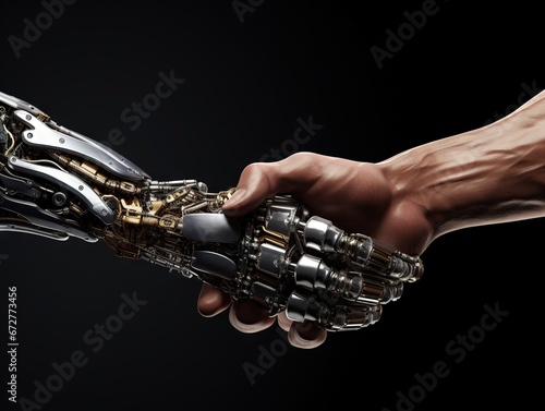 handshake of Metallic cyber or robot made from Mechanical ratchets bolts and nuts photo