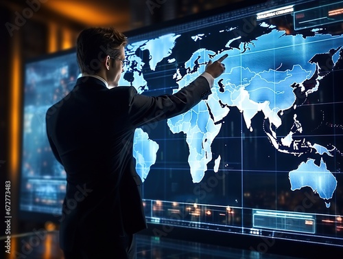 Business touching imaginery screen with map photo