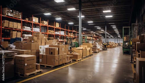 Vibrant warehouse fulfillment center with seamless package flow on automated conveyor belt