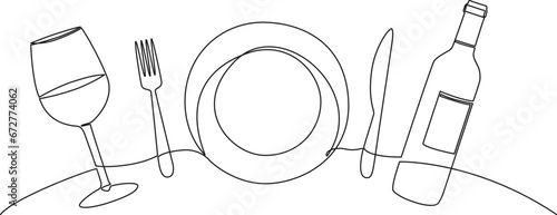 dinner concept continuous single line drawing, plate, fork, knife, wine glass and bottle line art vector illustration