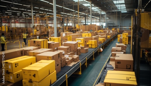 Busy warehouse center with efficient conveyor belt system, transporting cardboard box packages © Ilja