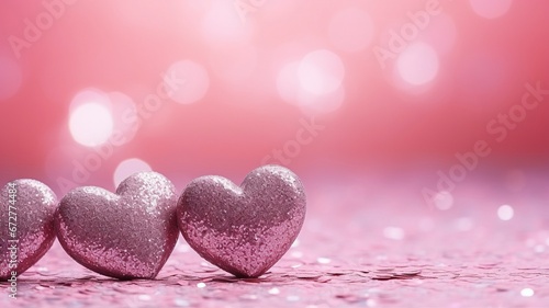 Hearts On Pink Glitter In Shiny Background - Valentine's Day Concept , copy space, generative ai