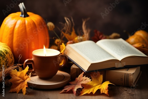 Cozy warm autumn composition with cup of hot tea, burning candle, open book and pumpkins on wooden background. Autumn home decor © LaxmiOwl