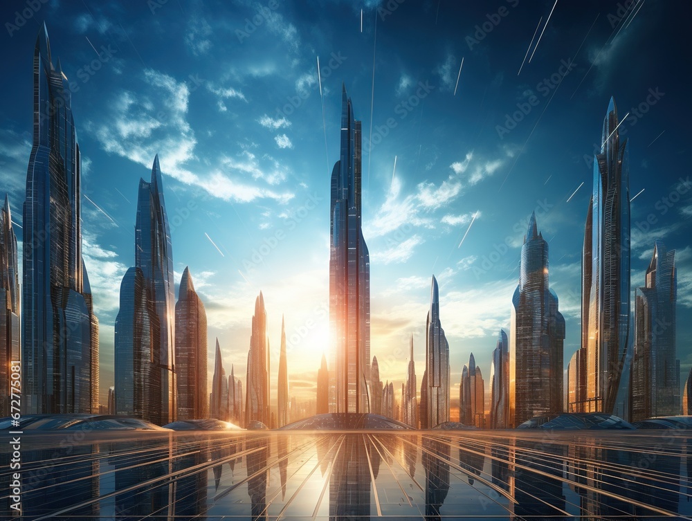 Fototapeta premium Modern business skyscrapers high-rise buildings architecture raising to the sky sun