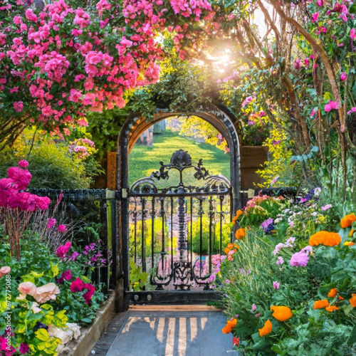 a secret garden hidden behind a wrought iron gate, bursting with colorful blooms. photo