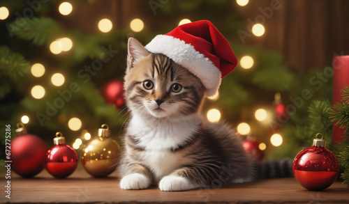 little kitten cat wearing a Christmas hat sitting with Christmas tree and decoration