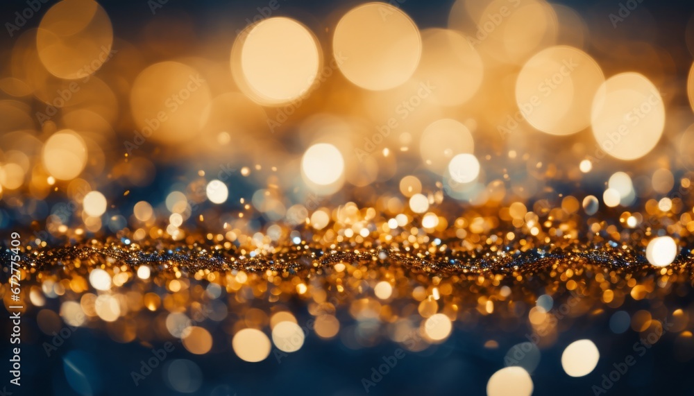 Golden light particles bokeh on navy blue background with abstract dark blue and gold particles Golden light particles bokeh on navy blue background with abstract dark blue and gold particles