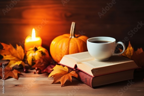 Cozy warm autumn composition with cup of hot tea, burning candle, open book and pumpkins on wooden background. Autumn home decor © LaxmiOwl