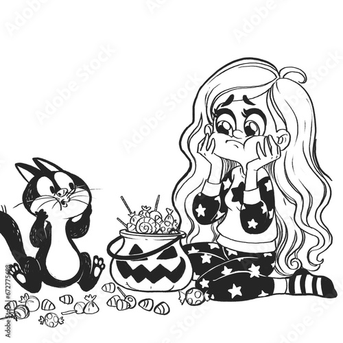 Cute cartoon  witch and cat are they ate too much candy and their teeth hurt