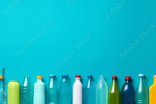Various plastic bottles on the bottom of a blue background with space for logo or text inscriptions, recycling theme or plastic pollution of the planet.generative ai
 photo