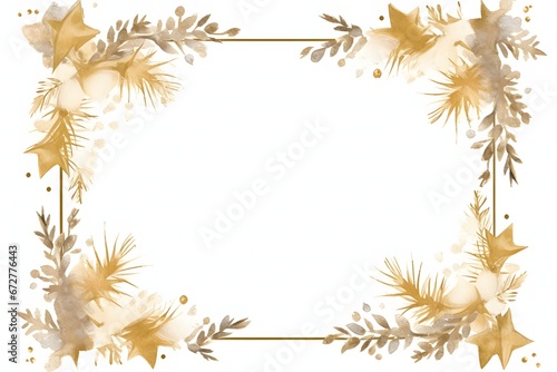 Watercolor Paint Christmas card frame gold Metallic Elegant handmade painting bush. 