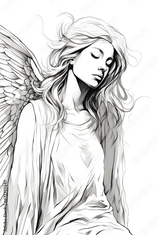 Fototapeta premium beautiful angel illustration in black and white sketch line art