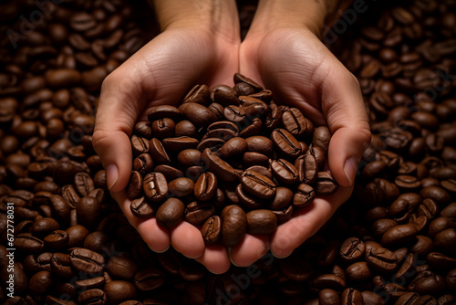 Hands hold a heap of coffee beans  reflecting the essence of warmth  coffee culture  and the joy of brewing. generative AI