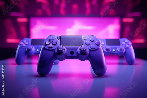 Three pads or a joystick for playing a console game on a TV background with space for text, logo or inscriptions. Beautiful purple gaming background.generative ai
 photo
