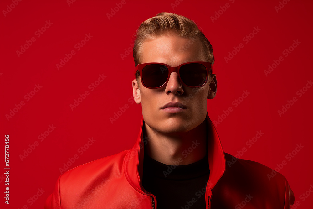 Studio portrait of handsome blonde man in sunglasses on different colours background Studio portrait of handsome blonde man in sunglasses on different colours background