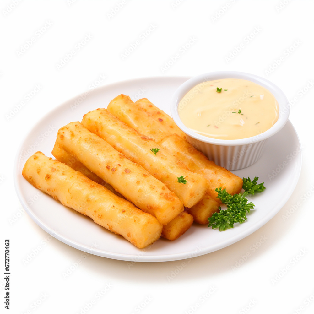 Cheese fingers with mayonnaise on a plate on white isolated background - ai generative Cheese fingers with mayonnaise on a plate on white isolated background - ai generative