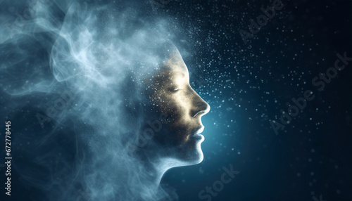 A face silhouette created with smoke on a dark background © CreativeStock