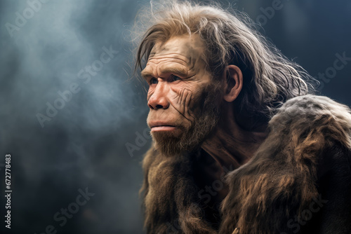 close up portrait of a neanderthal man caveman photo