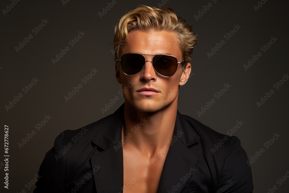 Studio portrait of handsome blonde man in sunglasses on different colours background Studio portrait of handsome blonde man in sunglasses on different colours background