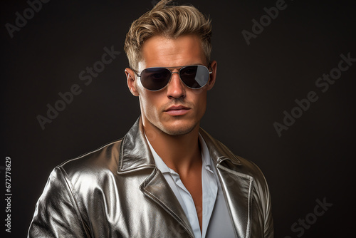 Studio portrait of handsome blonde man in sunglasses on different colours background