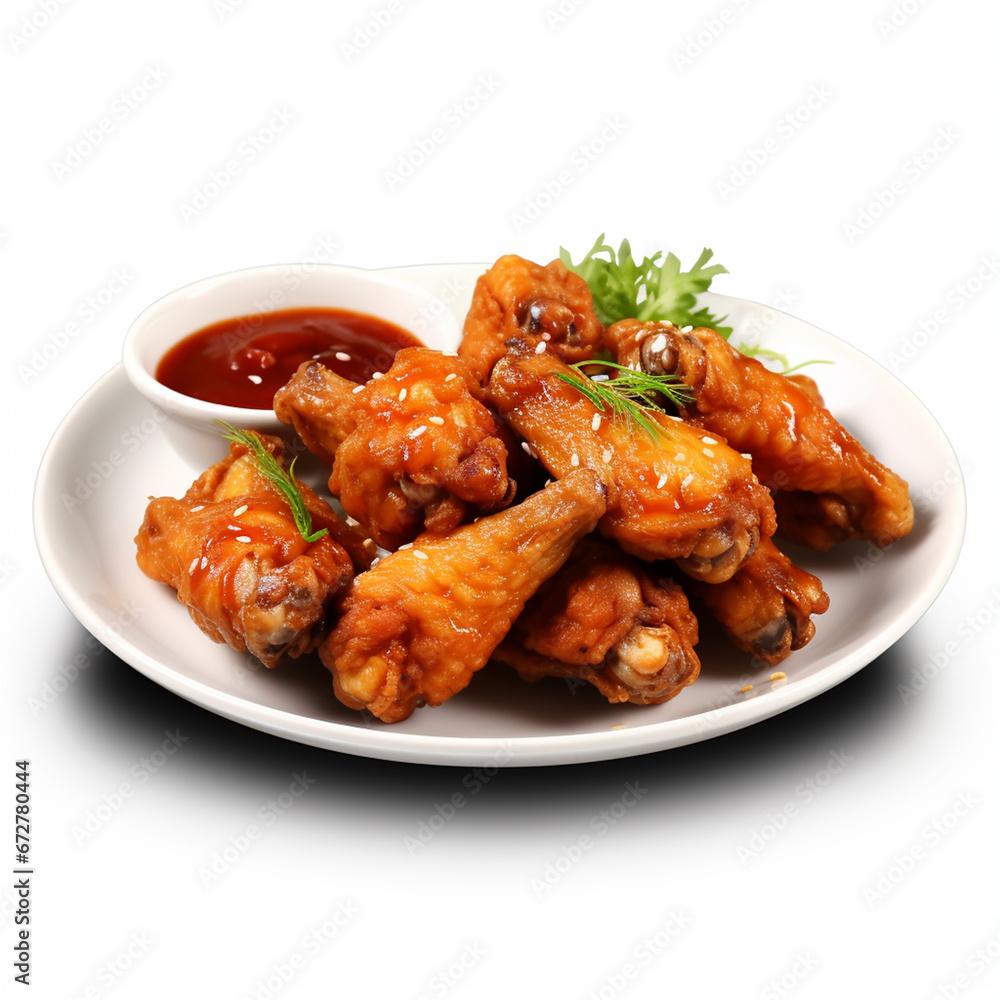 Juicy chicken wings on a plate with sauce on white isolated background - ai generative