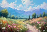 landscape with flowers, mountains, blue sky, clouds, trees, bushes. Generative AI