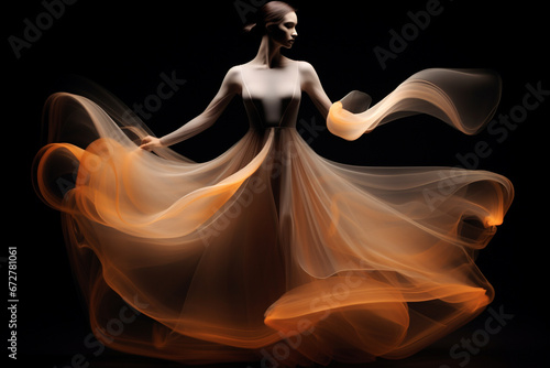 Lifestyle  fashion and style concept. Long exposure of woman dancer silhouette with long dress in black background. Glowing colorful light trails motion effect. Futuristic and surreal style